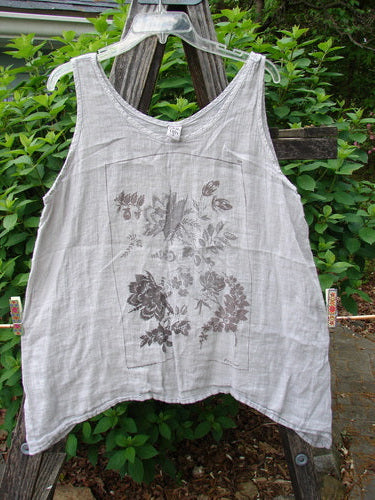 Barclay Linen Atoll Top Floral Blossom Ash Natural Size 0, featuring a scooped neckline, full A-line swing, and continuous blossom theme, crafted from featherweight linen for a breezy summer style.