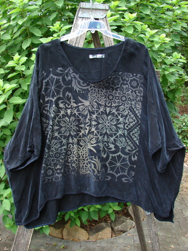 Barclay Velvety Cupro Drape Square Top Celtic Botanicals Black OSFA, showcasing intricate botanical patterns and smooth fabric texture, reflecting Bluefishfinder.com's dedication to unique, vintage-inspired women's clothing.