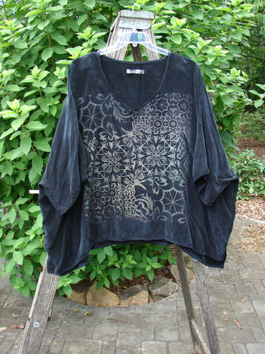 Close-up of the Barclay Velvety Cupro Drape Square Top Celtic Botanicals Black OSFA, showcasing its intricate botanical pattern and elegant drape, reflecting the unique vintage style of Bluefishfinder.com.