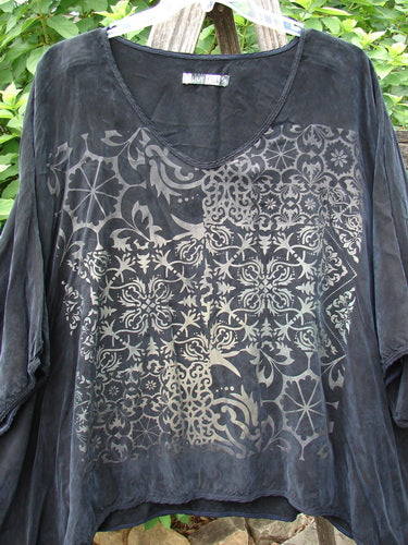 Barclay Velvety Cupro Drape Square Top Celtic Botanicals Black OSFA featuring intricate silver designs, embodying vintage Blue Fish Clothing's spirit of individuality and creative freedom.