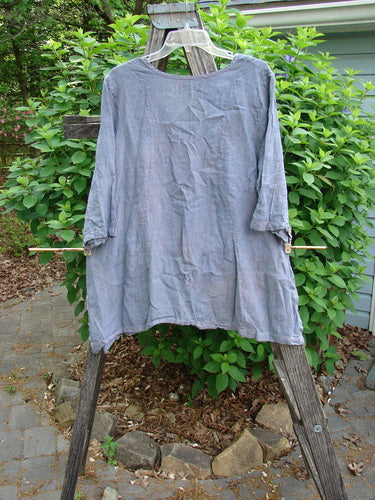 Barclay Contrast Stitch Springtime Top in Mottled Grey Lilac, featuring curvy seams, pinched sleeves, oval neckline, and A-line shape, highlighting its unique design and medium-weight organic cotton fabric.