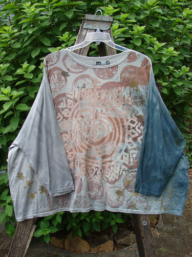 Barclay Dolman Sleeved Big Square Tunic Primitive Path Mottled Teal Gray OSFA, displayed on a hanger, showcasing its distinctive loose fit and unique design, aligning with Bluefishfinder.com's vintage aesthetic.