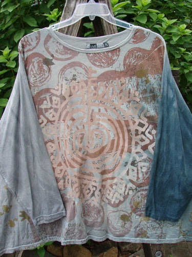 Barclay Dolman Sleeved Big Square Tunic Primitive Path Mottled Teal Gray OSFA displayed close-up shows intricate pattern on fabric, emphasizing its unique design and texture, reflecting Bluefishfinder.com's vintage style ethos.