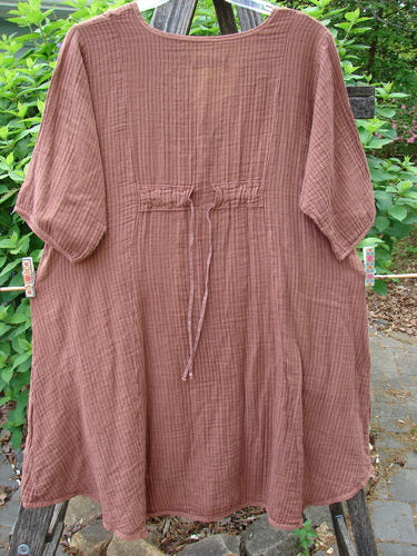 Barclay Gauze Key Pocket Everyday Dress in Unpainted Copper Stripe, size 0, features a keyhole neckline, A-line shape, three-quarter sleeves, triangular drop pockets, and a drawcord back.
