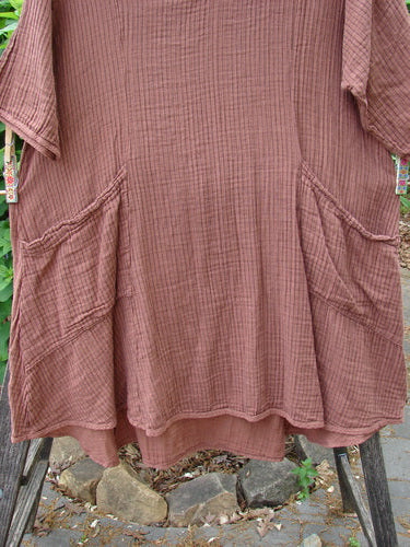 Barclay Gauze Key Pocket Everyday Dress in Unpainted Copper Stripe, Size 0, featuring a keyhole neckline, A-line shape, three-quarter sleeves, triangular drop pockets, and drawcord back, showcasing Blue Fish Clothing's vintage style.