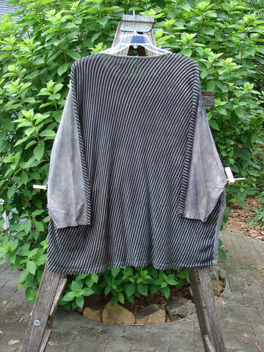 Barclay Modernist High Low Top Fantastic Dream Black Grey Stripe OSFA hanging on a clothes rack, showcasing its unique high-low hem design with precise measurements, reflecting BlueFishFinder.com’s vintage-inspired, creative fashion ethos.