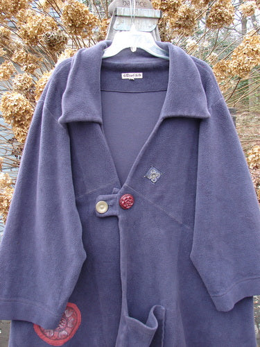 Barclay Celtic Moss Patched Highlander Coat with oversized vintage buttons, empire waistline, deep collar, and unique diagonal seams from Bluefishfinder.com.