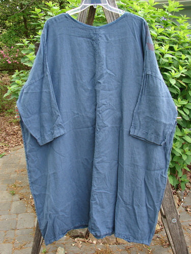 Barclay Linen Oversized Gallery Dress Victorian Echo OSFA features a rounded neckline, drop shoulders, and three-quarter dolman sleeves in a wide, pocketless design, showcasing the Victorian theme paint, embodying Bluefishfinder's vintage essence.