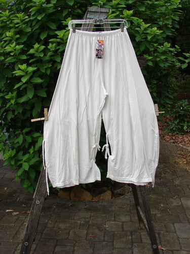 Barclay NWT Crop Billow Pant Unpainted Jasmine Dew Size 0 hangs on a clothesline, showcasing its elegant, flowing design amidst an outdoor setting, highlighting the unique vintage appeal of Blue Fish Clothing.