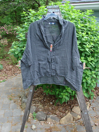 Barclay Linen Open Front Cheerful Cardigan Jacket Wings Black Size 0, featuring dolman sleeves and a varying hemline, showcases an open front with detailed rear paint, embodying BlueFishFinder's creative vintage style.