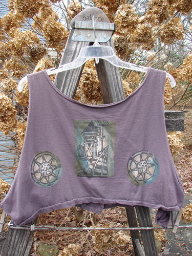 1993 Cornice Vest Blue Line Travel Train Dusty Plum OSFA, featuring a train graphic, deeply squared neckline, and extra dippy sides, displayed on a wooden pole.