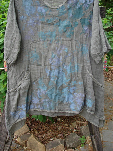 Barclay Linen Two Pocket Urchin Dress Mixed Garden Grey Moss Size 0 features a rounded neckline, empire waist, A-line flair, and exterior drop pockets, embodying vintage Blue Fish Clothing style.
