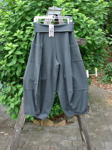Barclay NWT Cotton Lycra Fold Over Forager Pocket Pant Unpainted Black Sand Size 0 displayed on a clothes rack, highlighting its unique design and functionality in line with BlueFishFinder's creative, expressive vintage style.