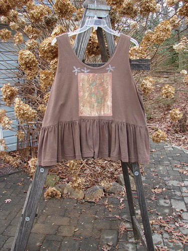 1992 Peplum Top Magic Chair Mushroom OSFA: A brown tank top with a flower design on it, featuring a wide waist and a gathered bottom flounce.