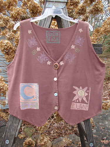 1989 Folk Vest Sun Moon Paprika OSFA featuring mix-and-match buttons, front tuxedo tails, upward scooped backline, and vibrant sun and moon theme designs on thick, double-layered cotton.