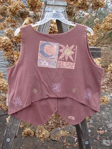 1989 Folk Vest with Sun and Moon design on Paprika cotton. Unique vintage piece from BlueFishFinder's Summer Collection.