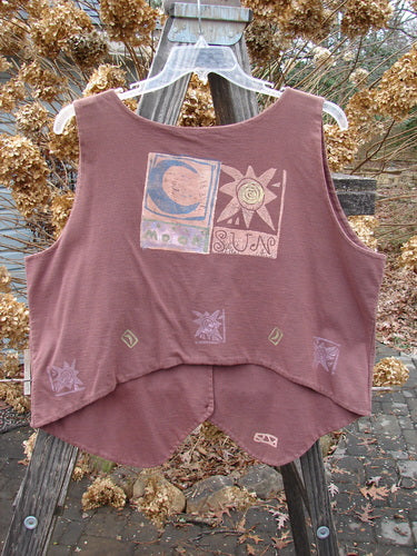 1989 Folk Vest Sun Moon Paprika OSFA featuring a sun and moon design, V-shaped neckline, mix and match buttons, tuxedo tails, and vibrant vintage painting on thick cotton.