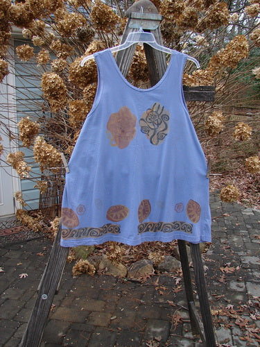 1993 Solo Tank Wonderland Periwinkle OSFA features brown designs, deep arm openings, and a signature patch on the back, embodying BlueFishFinder's vintage and expressive style.