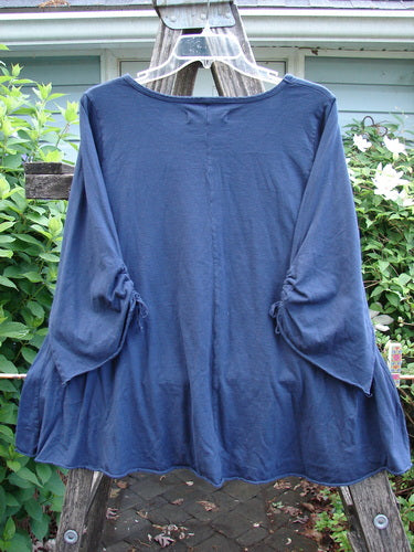 Barclay NWT Draw Gather Sleeve Cafe Top Night Flight Dark Sky Size 0 features a rounded neckline, A-line silhouette, long adjustable sleeves, and rolled edges, embodying BlueFishFinder's vintage, creative style in organic cotton.
