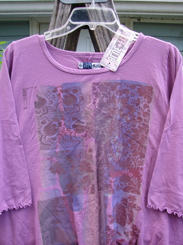 Barclay NWT Three Quarter Sleeved Cafe Tee in Pink Orchid, features a rounded, rolled neckline and curly edgings, showcasing a Quad Garden theme with a flattering A-line shape, perfect condition.