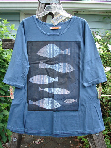 Barclay NWT Simple Short Sleeved A Lined Tee Fish Echo Blue Size 1, featuring a rounded neckline, wide sleeves, and fish theme design, embodying creative individuality from Bluefishfinder.com's vintage-inspired collection.
