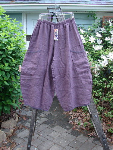 Barclay NWT Linen Stitch Two Pocket Pant in Twilight Plum, showcasing a full elastic waist, dual round top side wrap pockets, and widening lower barrel legs with striped accents, perfect for summer.