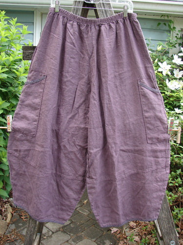 Barclay NWT Linen Stitch Two Pocket Pant in Twilight Plum, featuring a full elastic waist, dual wrap pockets, and generous lower barrel legs with striped accents, perfect for summer styling.