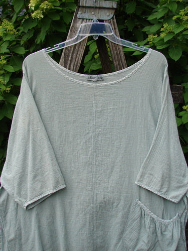 Barclay Gauze Round Bottom Tie Back Pocket Top Unpainted Grass Size 2, featuring a loose fit, scooped neckline, and gathered pocket detail, displayed on a wooden ladder against a leafy backdrop.