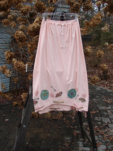 1992 Buttonloop Skirt Breakfast Diner Sea Shell OSFA displayed on a wooden stand, featuring a full drawcord waist, hand-dyed silk ribbon, and diner-themed painted design.