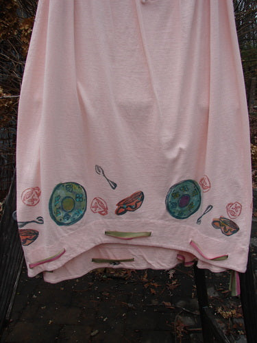 1992 Buttonloop Skirt Breakfast Diner Sea Shell OSFA features a full drawcord waist, slight bell shape, varying hemline, and button holes with hand-dyed silk ribbon, showcasing a unique painted design.