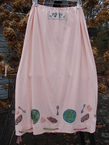 1992 Buttonloop Skirt Breakfast Diner Sea Shell OSFA featuring a pink dress with a painted breakfast diner theme, full drawcord waist, bell shape, and button holes with hand-dyed silk ribbon.