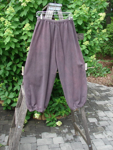 2000 Flannel Antoen Pant Unpainted Brum Size 1, features loose-fitting gray fleece with professionally replaced elastic waistband and cuffs, displayed on a hanger outdoors, showcasing its vintage charm and cozy design.