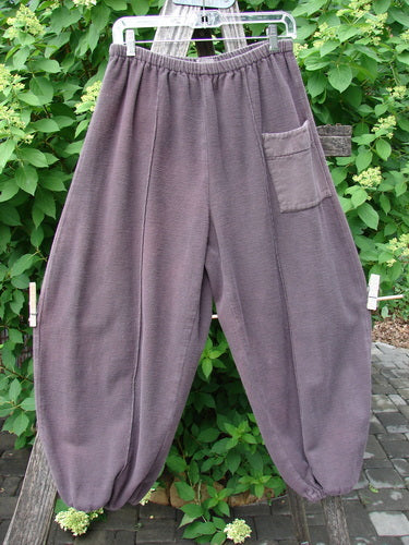 2000 Flannel Antoen Pant Unpainted Brum Size 1, featuring elastic waistband and cuffs, patch pocket, vertical seams, and loose-fit harem style, hangs outdoors amid greenery, embodying vintage Blue Fish Clothing's unique style.
