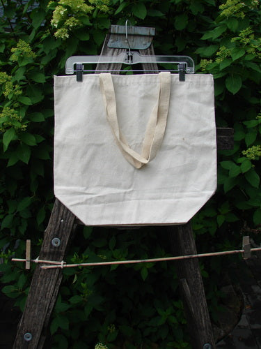Barclay Canvas Promo Tote Bag Store Locations Natural One Size displayed on a wooden stepladder, featuring a shorter shoulder strap, generous top opening, and deep rounded bottom.