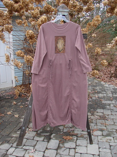 1998 Cornucopia Dress Fall Vegetable Eggplant Size 1 displayed on a hanger, featuring extra-long vertical draws and a fall vegetable theme paint.