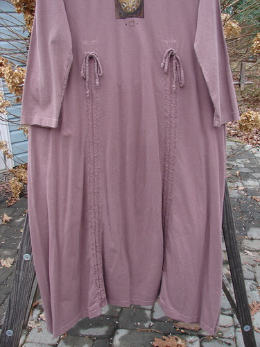 1998 Cornucopia Dress Fall Vegetable Eggplant Size 1 displayed on a rack, highlighting its long design with vertical draws and heavy bottom piece, exemplifying BlueFishFinder's unique vintage collection.