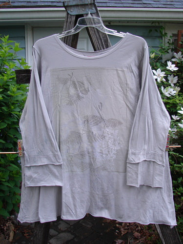 Barclay Cotton Lycra Petal Sleeved A Line Tunic Floral Dawn Flawed Birch Bark Size 1 features a rounded neckline, thick double petal sleeves, and a blue dye transfer on the sleeve.