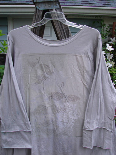 Barclay Cotton Lycra Petal Sleeved A Line Tunic Floral Dawn Flawed Birch Bark Size 1, showcasing an A-line shape, rounded neckline, and double petal sleeves with visible dye transfer on one sleeve.