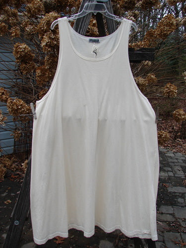 Barclay NWT Tab Long Simple Smock Unpainted Creme Size 2 hanging on a clothesline, showcasing its seamless front and deep, rounded neckline with a wide, generously cut shape.