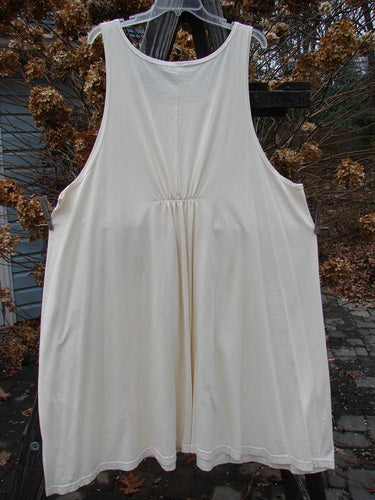 Barclay NWT Tab Long Simple Smock Unpainted Creme Size 2 hanging on a clothesline, showcasing its A-line shape, deep rounded neckline, and seamless front.