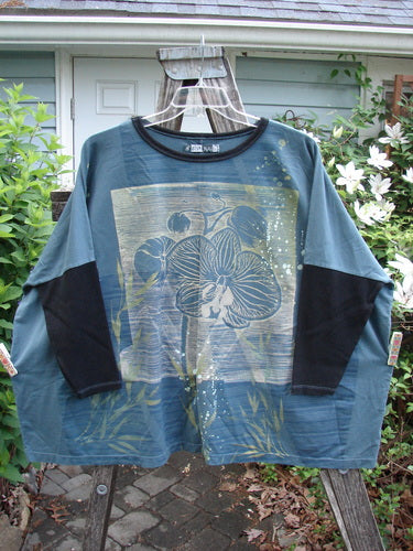 Barclay Cotton Lycra Rib Sleeved Treesoul Pullover Metallic Orchid Forest OSFA features a seamless design, square boxy shape, ribbed sleeves, rounded neckline, and unique metallic bamboo and orchid paint detailing.