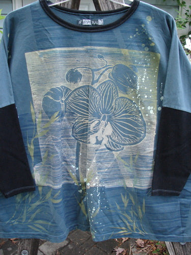 Barclay Cotton Lycra Rib Sleeved Treesoul Pullover Metallic Orchid Forest OSFA, showcasing a seamless bodice, contrasting rib sleeves, and a metallic bamboo and orchid theme, embodying vintage Blue Fish creativity and individuality.