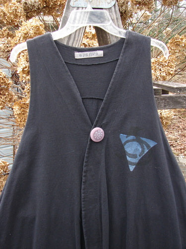 1996 State Fair Vest Tri Moon Storm Size 1 featuring a blue triangle design on the front, oversized button, varying double-paneled hemline, and a wide A-line shape.