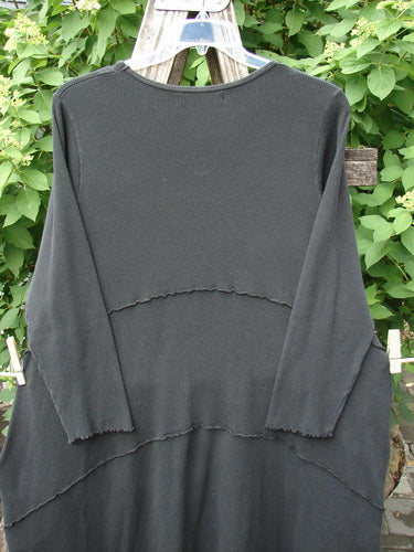 Barclay Thermal Exterior Stitch Three Tier Dress Unpainted Black Size 2: A lightweight, long-sleeved black tunic with ribbed neckline and raw-edged seam lines, suspended outdoors from a garden trellis.