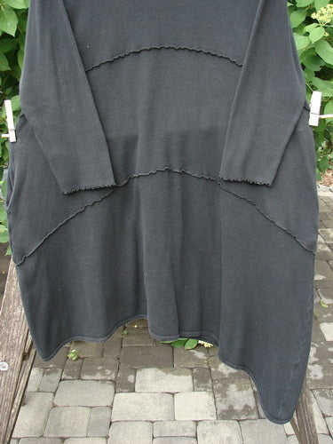 Barclay Thermal Exterior Stitch Three Tier Dress Unpainted Black Size 2 hanging on a clothesline with scalloped seams visible, against a backdrop of paved stones and green foliage, embodying Bluefishfinder.com's vintage style.