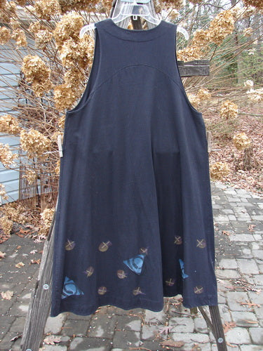 1996 State Fair Vest Tri Moon Storm Size 1, featuring a single oversized button, double-paneled hemline, and triple moon theme paint, displayed on a wooden post.