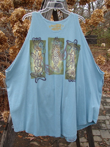 1994 Sleeveless Vest Starfish Ice Size 1 featuring a fish and starfish design, shallow neckline, deep arm openings, and vintage buttons, from the Summer Collection of 1994, in perfect condition.
