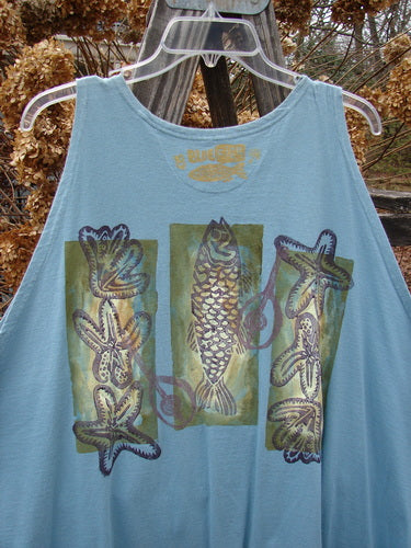 1994 Sleeveless Vest Starfish Ice Size 1, featuring deep arm openings, shallow neckline, A-line hem flare, and vintage buttons, adorned with starfish and sea life patterns.