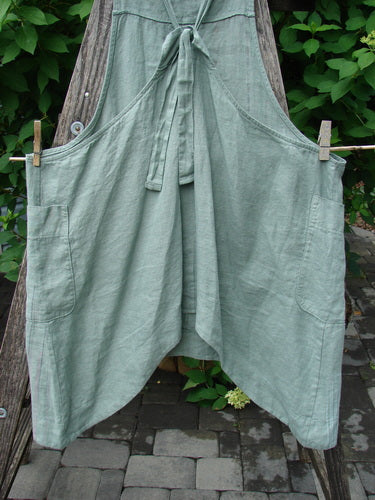 Barclay Linen Side Pocket Apron Jumper Verticals Sage Size 0 hangs outdoors, featuring a bib front, adjustable straps, waist ties, and two large side pockets, embodying BlueFishFinder's creative and vintage style.