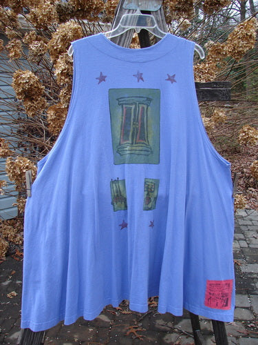 1997 Simple Vest Lamp Chair Skylark Size 2 featuring a graphic design of a chair and lamp, deep side pockets, oversized knotted buttons, varying scooped hemline, and Blue Fish patch on the lower back.